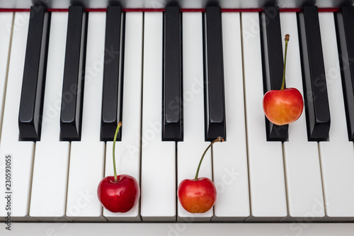 Piano chord Bm (B minor) shown by cherries on the key - 12/12 of minor series