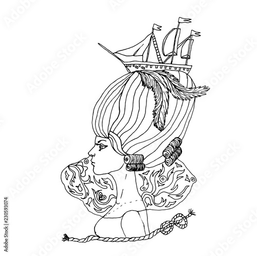 Vector rococo girl with big ship hairstyle.