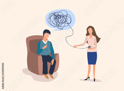 Psychotherapy concept with woman doctor and man patient in depression. Tangled and untangled brain metaphor, society psychiatry.