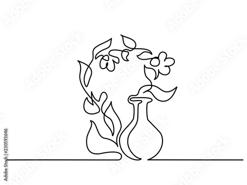 Continuous one line drawing. Cosmetic aromatherapy bottle and flowers. Vector illustration