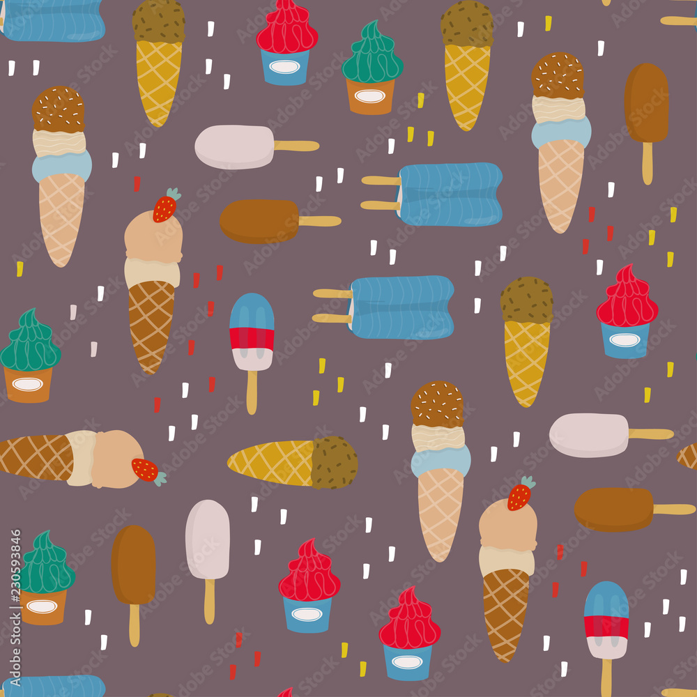 Various sorts of ice cream. Hand drawn vector seamless pattern. Dark background