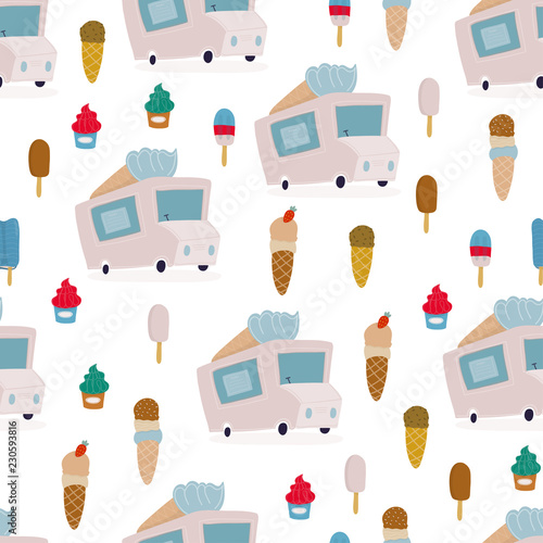 Various sorts of ice cream and ice cream van. Hand drawn vector seamless pattern