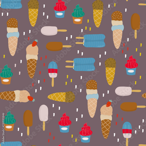 Various sorts of ice cream. Hand drawn vector seamless pattern. Dark background