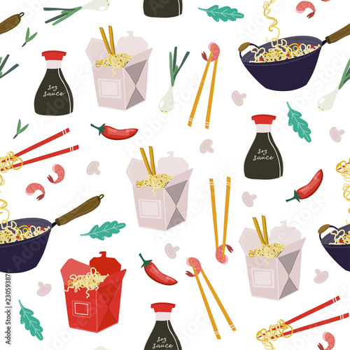 Wok noodles, take away boxes and various ingredients. Hand drawn vector seamless pattern