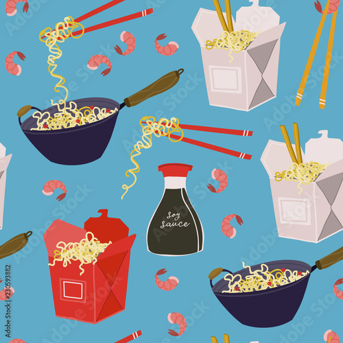 Wok noodles, take away boxes and various ingredients. Hand drawn vector seamless pattern. Blue background