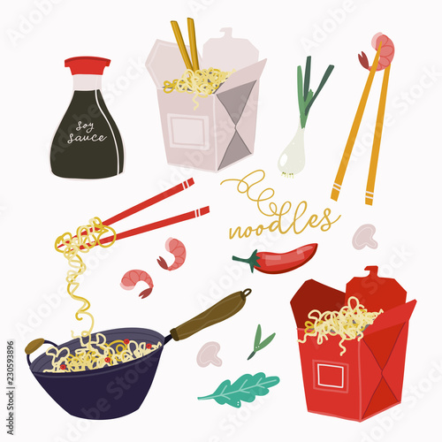 Wok noodles, take away boxes and various ingredients. Hand drawn vector set. All elements are isolated