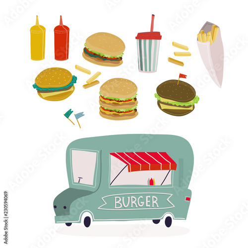Burgers, fries and soda. Burger food truck. Colored vector set. All elements are isolated