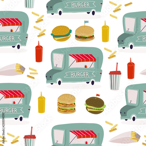 Burgers, fries and soda. Burger food truck. Colored vector seamless pattern