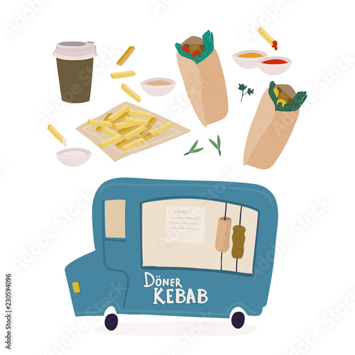Doner kebab, fries and coffee. Doner food truck. Colored vector set. All elements are isolated