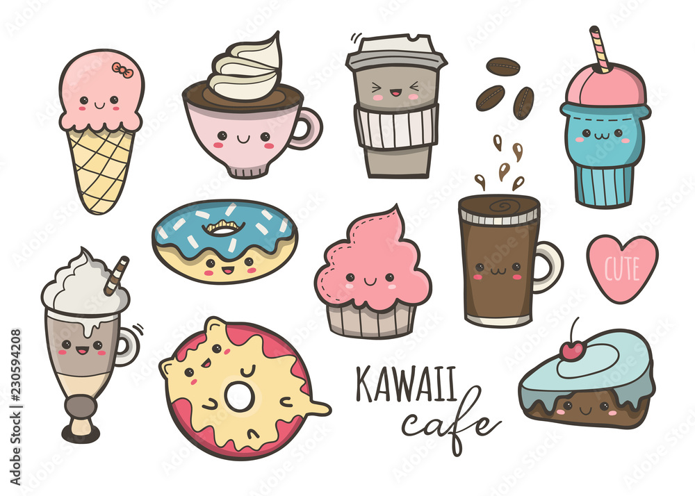 Kawaii cafe. Various cute food. Hand drawn colored vector set. All elements  are isolated Stock Vector | Adobe Stock