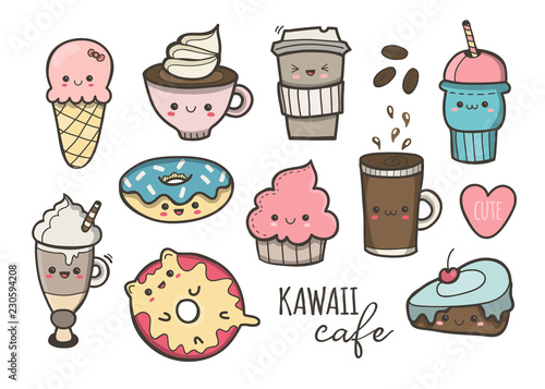 Kawaii cafe. Various cute food. Hand drawn colored vector set. All elements are isolated