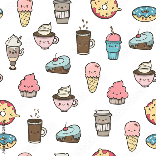 Various kawaii food. Hand drawn colored vector seamless pattern