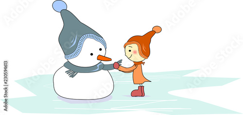 Mädchen legt einem Schneemann einen Schal um