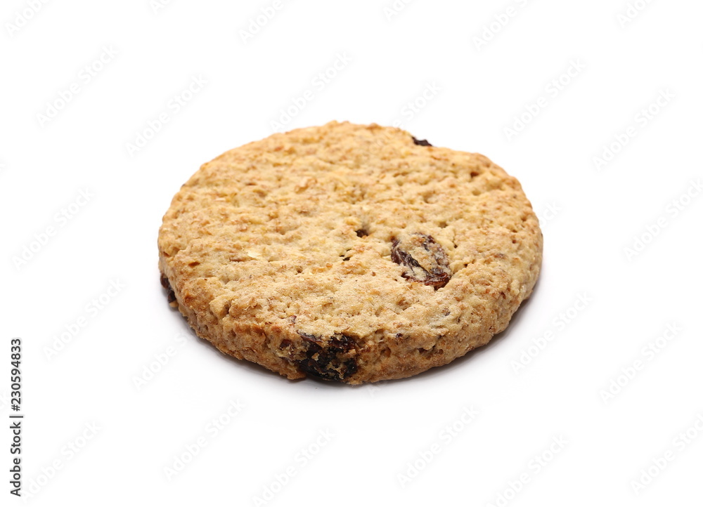 Round wholewheat biscuit, cookie with raisins isolated on white background Round wholewheat biscuit, cookie with raisins isolated on white background