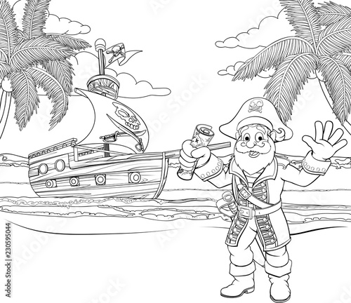 A cartoon pirate on a beach holding a treasure map with his ship in the background childrens coloring page illustration