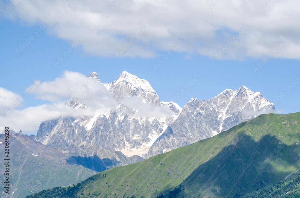 Beautiful view of peak Ushba  from  village Zhabeshi , Georgia, Europe