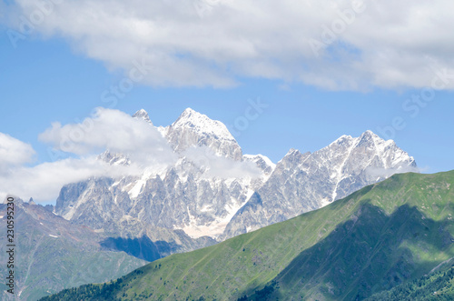 Beautiful view of peak Ushba  from  village Zhabeshi   Georgia  Europe