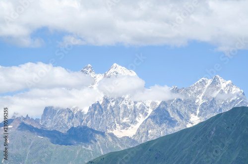 Beautiful view of peak Ushba from village Zhabeshi , Georgia