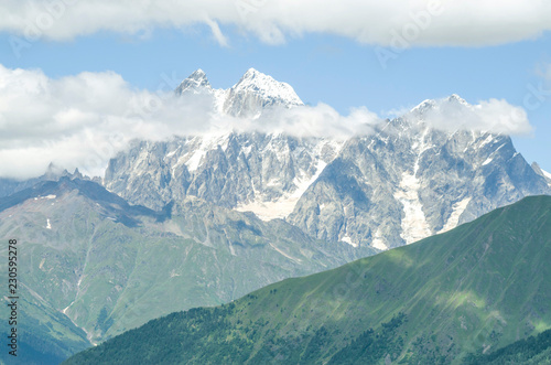 Beautiful view of peak Ushba  from  village Zhabeshi   Georgia