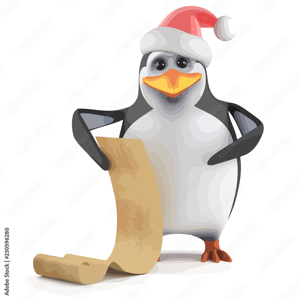 Obraz premium Vector 3d Xmas penguin shopping list