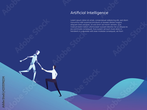 Artificial intelligence robot helping human vector concept. Symbol of future technology, support, cooperation and collaboration between technology and people.