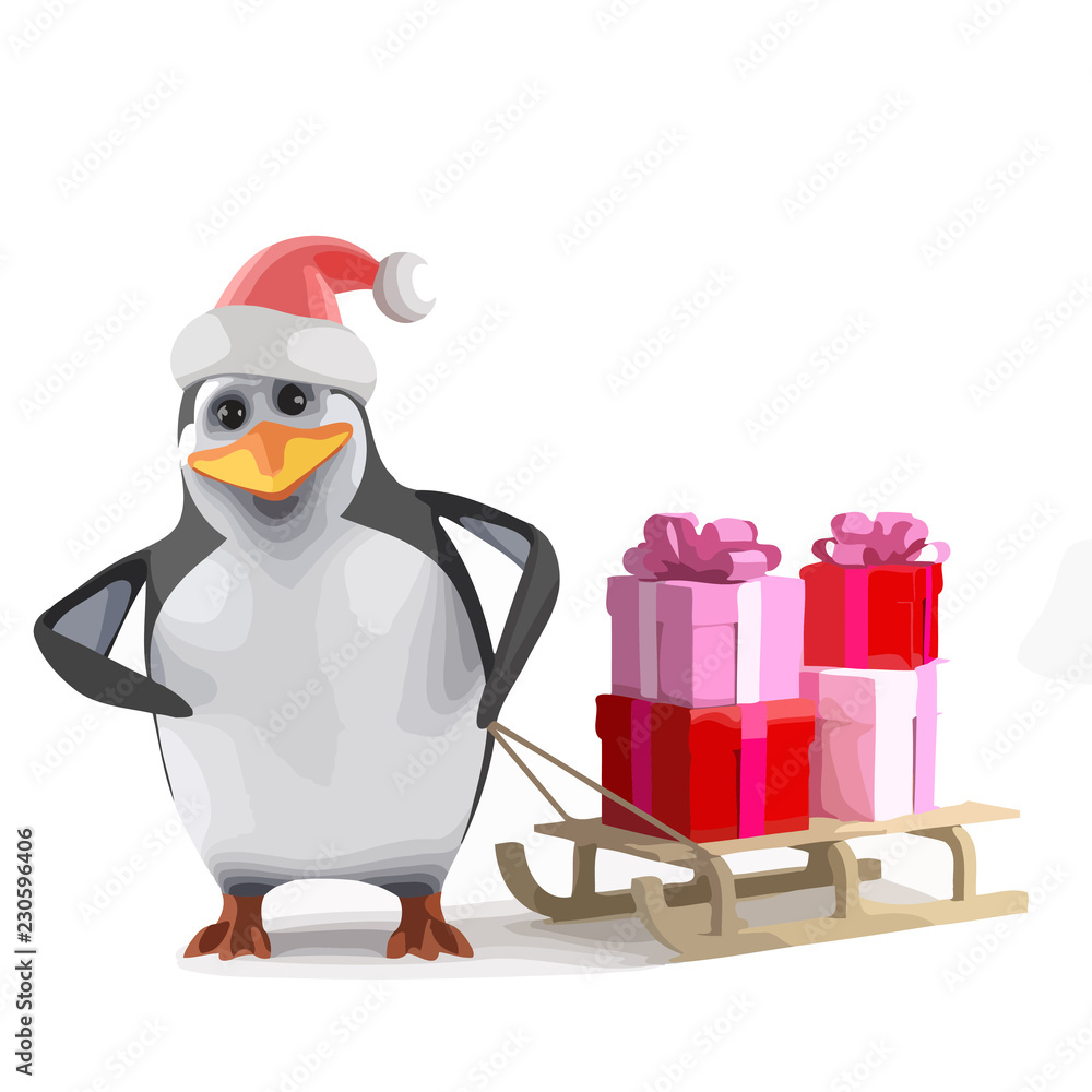 Obraz premium Vector 3d Xmas penguin gift sleigh