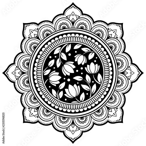 Circular pattern in form of mandala with flower for Henna, Mehndi, tattoo, decoration. Decorative ornament in ethnic oriental style. Coloring book page.