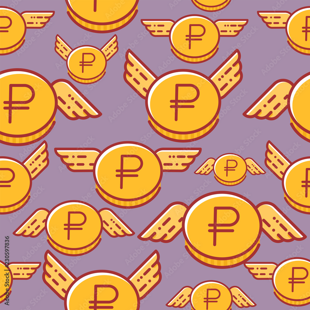 Ruble coins with wings, seamless vector pattern, russian currency