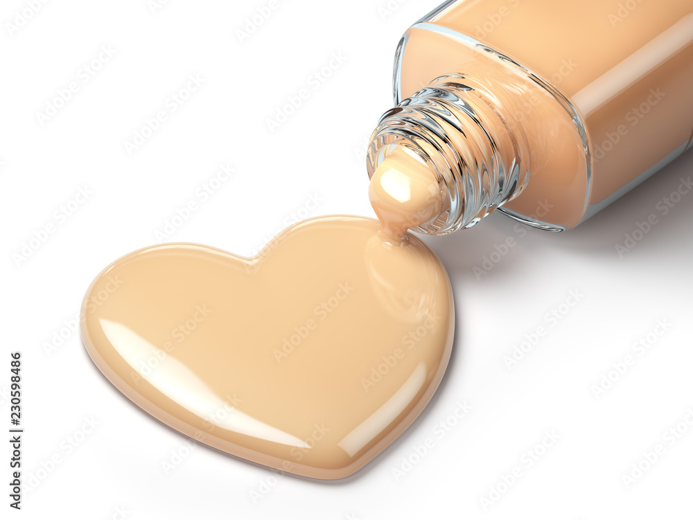 Liquid makeup foundation cream in form of the heart symbol and glass bottle. - obrazy, fototapety, plakaty 