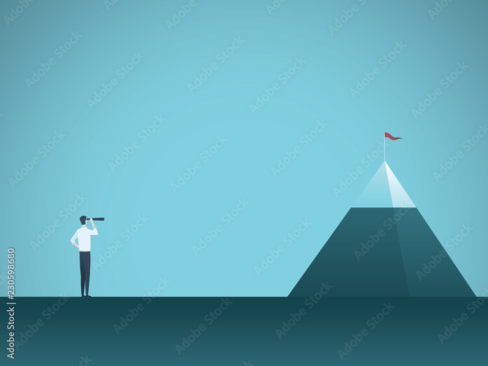 Businessman looking at mountain vector concept. Symbol of business goals, objectives, opportunities and vision.