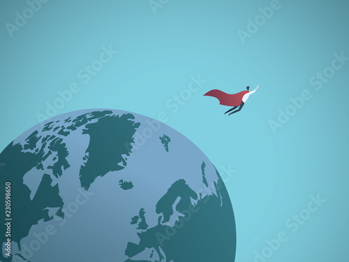Businessman superhero flying around the world vector concept. Symbol of power, leadership, success.