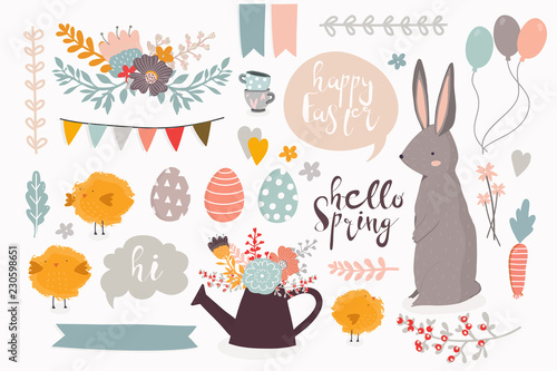 Happy easter. Hello spring. Colored vector set of various objects