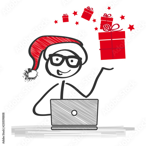 Strichmännchen mit Weihnachtsmütze und Geschenkpaket bestellt online am Laptop Weihnachtsgeschenke
