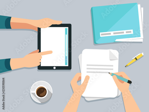 Business meeting, audit, calculation, data analysis, reporting, accounting. People at work. Human hands on a table with documents, graphs, charts, notebook, phone