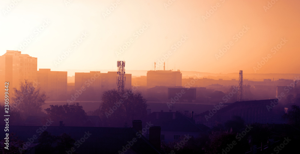 fog in the city.  gradient from orange  to black. panorama. Ukraine. Vinnitsa