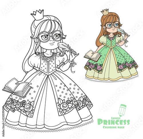 Cute princess in glasses with a pen and diary for records color and outlined picture for coloring book on white background