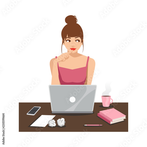 Freelancer at work, working from remote. Young woman sitting at a desk with a laptop and coffee cup. Vector illustration in flat style