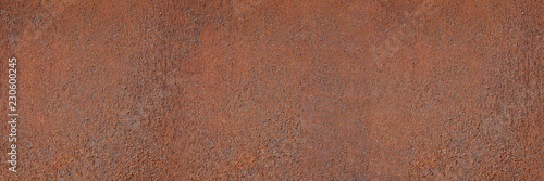 Panorama of rusty metal wall, old sheet of iron covered with rust and corrosi...