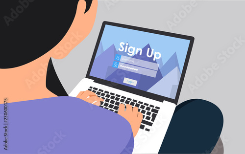 Business Woman or office worker working on computer , Back Rear View, Flat Vector Illustration