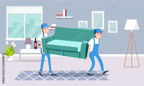 Two moving delivery company workers move hold carry green sofa. Cartoon style flat vector illustration