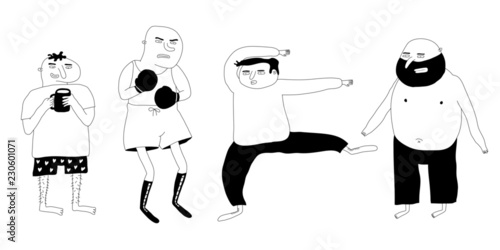 Collection of hand-drawn men with different poses. Vector illustration with doodle style.