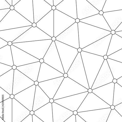 Abstract geometric lattice background. Seamless pattern of randomly scattered and connected particles. Circles of molecule are united by network. Vector illustration