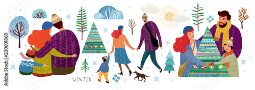 vector set of illustrations of a happy family in winter, mother, father and child on New Year and Christmas holidays, drawn people, trees, Christmas trees, bushes, dog