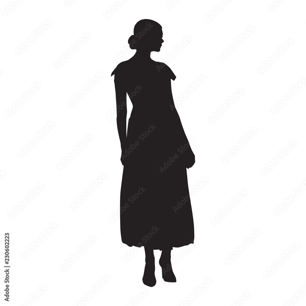 Woman standing. Long skirt, high heels shoes. Isolated vector silhouette