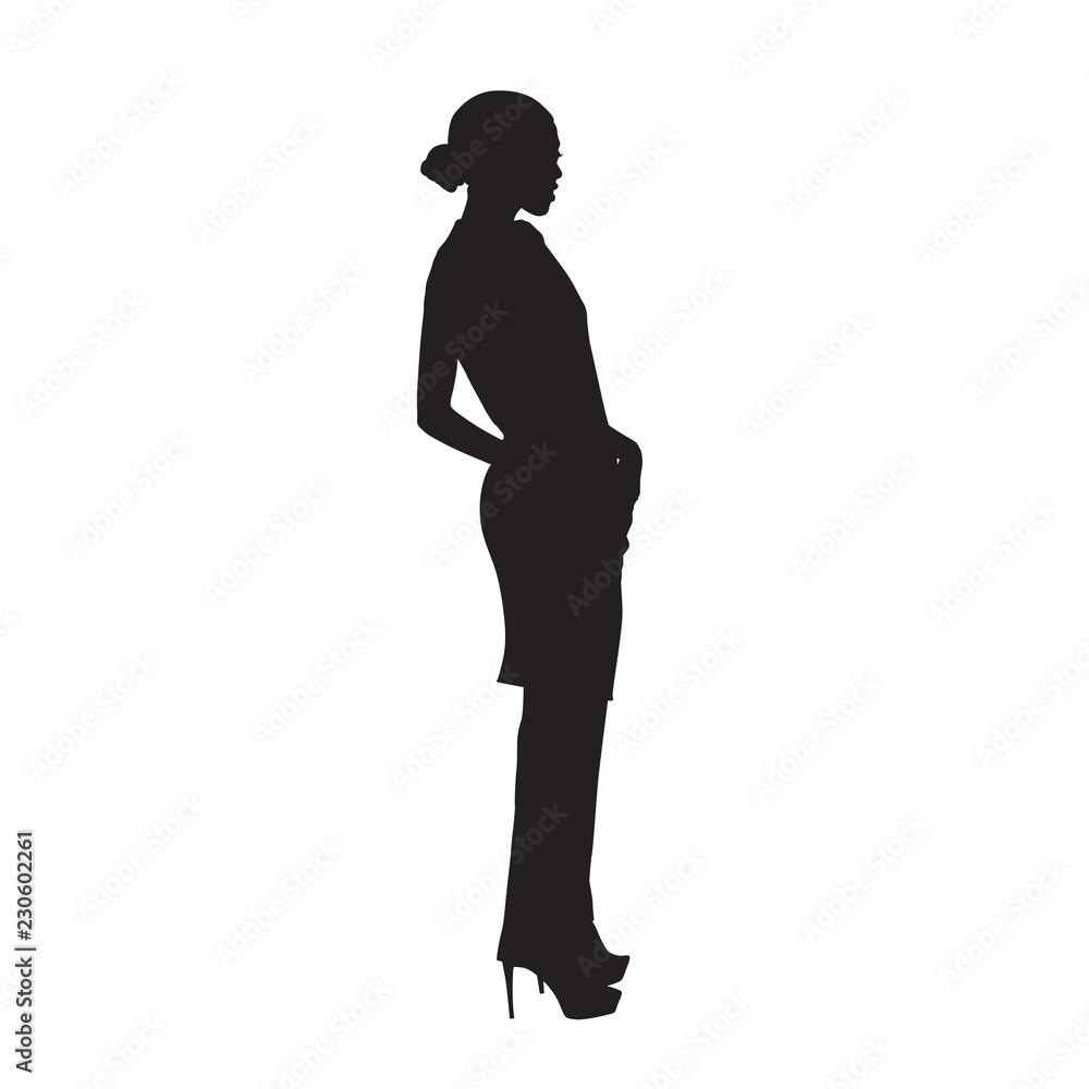 Business woman standing in high heels shoes, posing female model in trousers with hands in pockets. Isolated vector silhouette