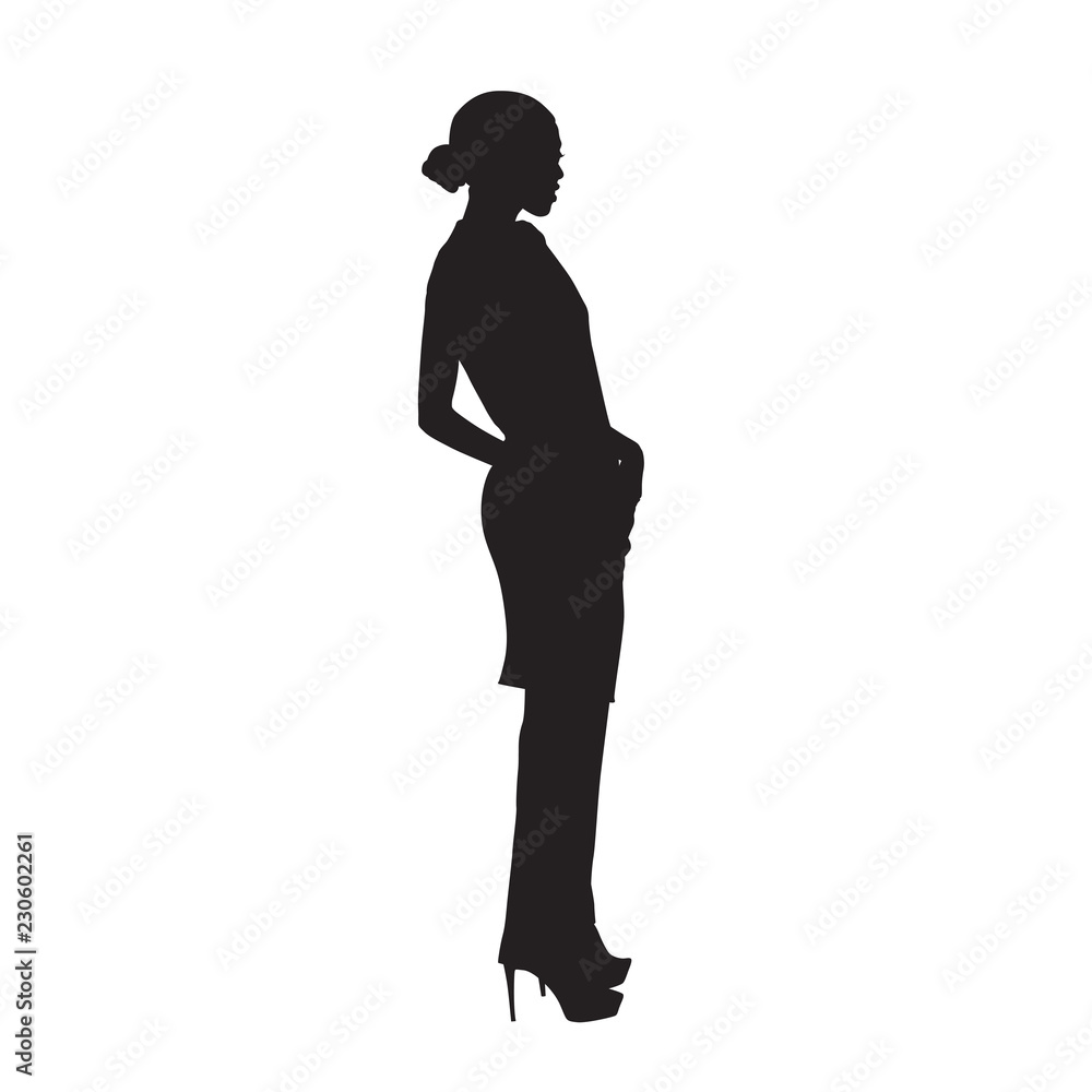 Business woman standing in high heels shoes, posing female model in trousers with hands in pockets. Isolated vector silhouette Business woman standing in high heels shoes, posing female model in trousers with hands in pockets. Isolated vector silhouette