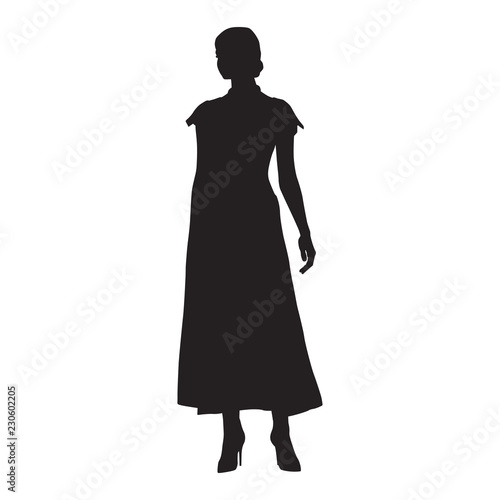 Woman standing. Long skirt, high heels shoes. Isolated vector silhouette