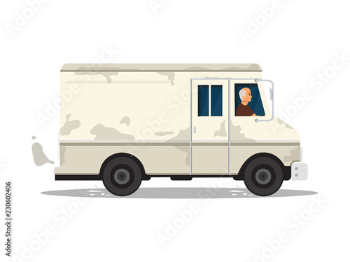 old man driving retro van. vector illustration