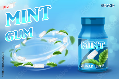 Realistic mint gum poster ads for your design. Gum package product with mint leaves. Vector 3d illustration