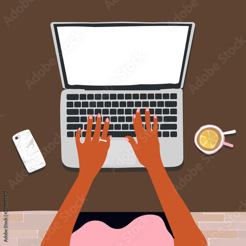 Black woman hands writing working on laptop with coffee cup and smartphone on table